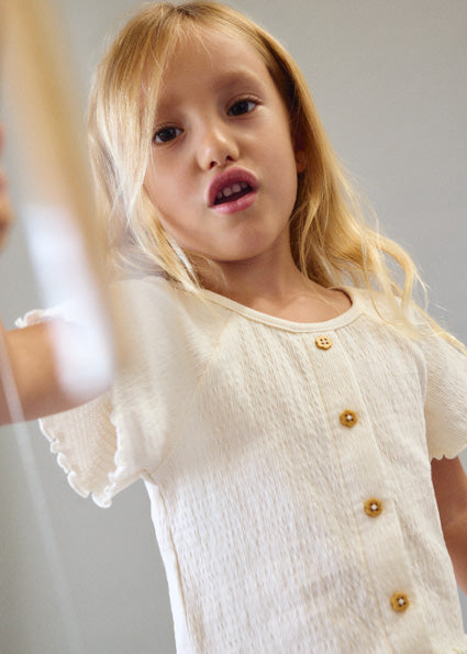 Girls’ Cream Textured Crop Top with Ruffle Trim