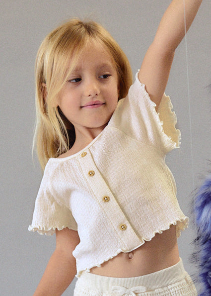 Girls’ Cream Textured Crop Top with Ruffle Trim