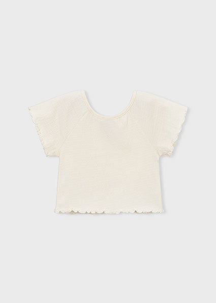 Girls’ Cream Textured Crop Top with Ruffle Trim
