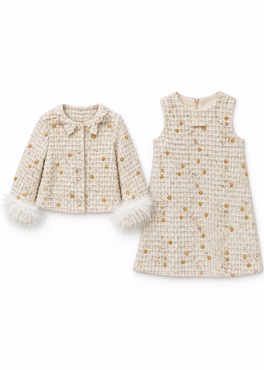 Gold Trim Tweed Jacket & Dress Set