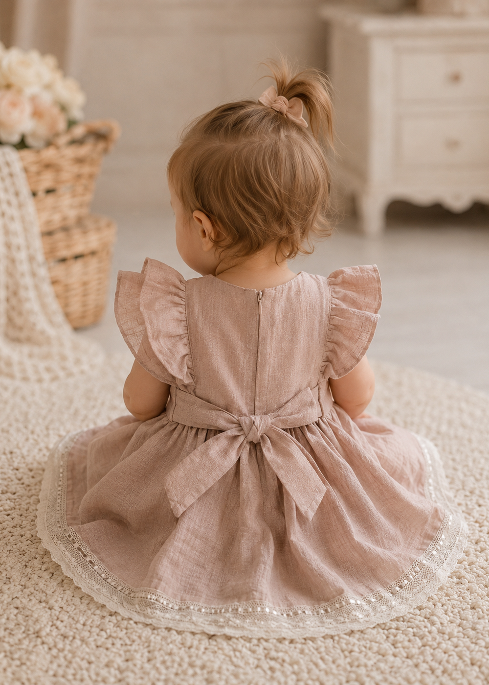 Child wearing a pink dress sitting on a textured surface with a blurred background