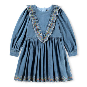 Molo Girls Chambray Ruffle Dress with Rainbow Embroidery Girls Toddler 2-3 Year Blue Cotton by Childrensalon