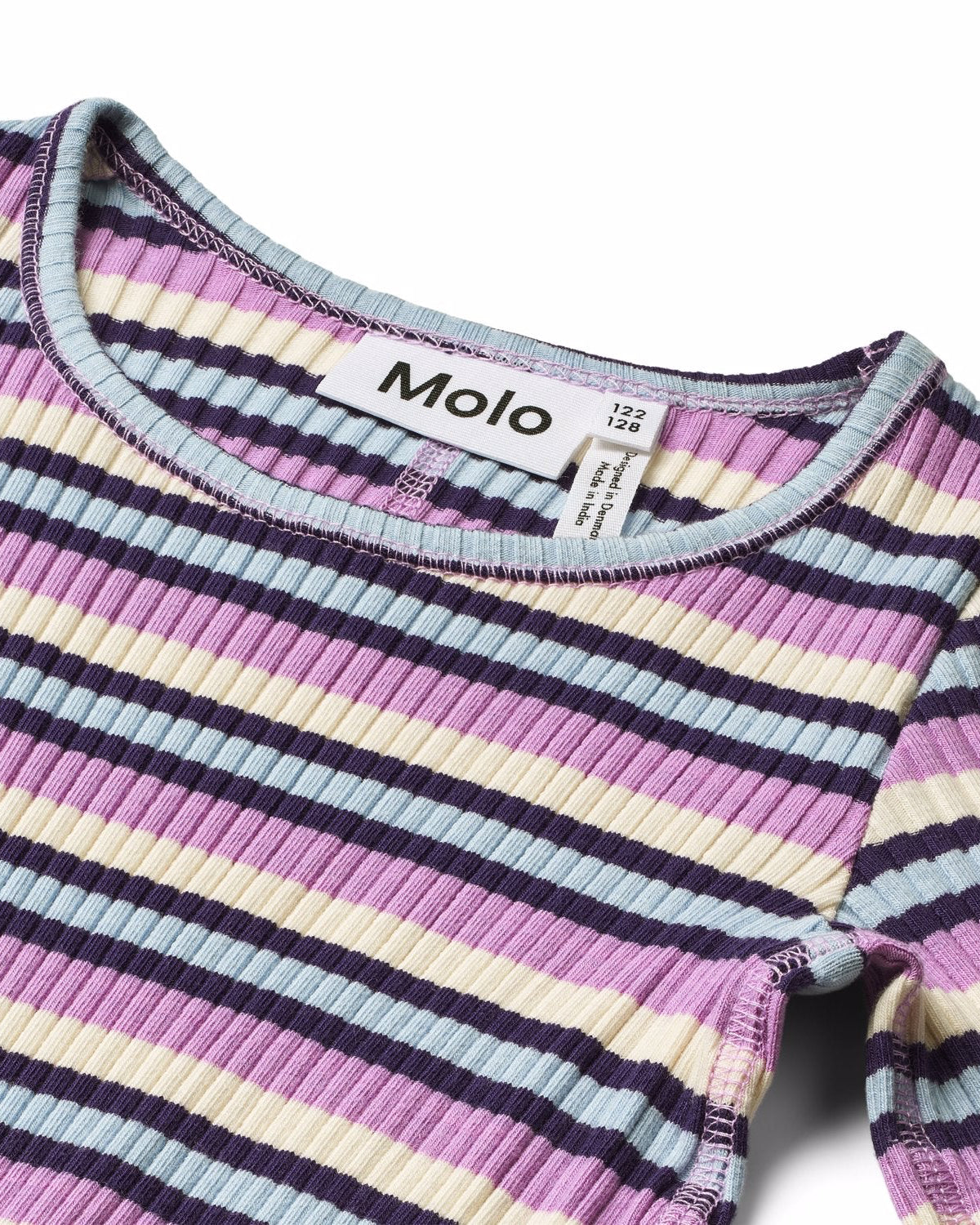 Striped long-sleeve shirt with 'Molo' brand label on a white background