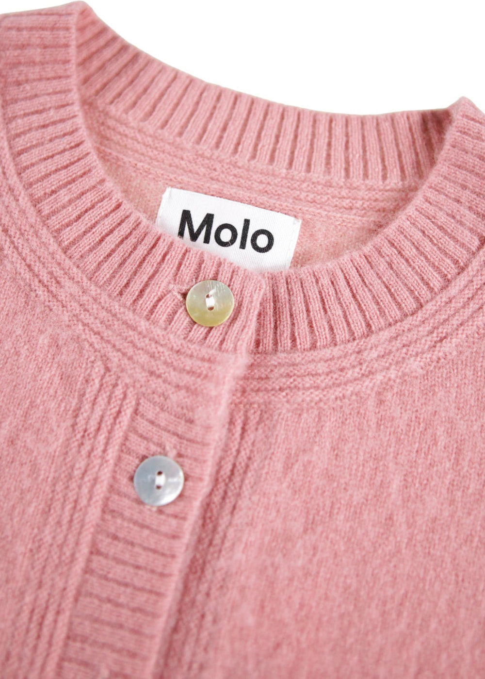 Close-up of a pink cardigan with 'Molo' brand label on a white background