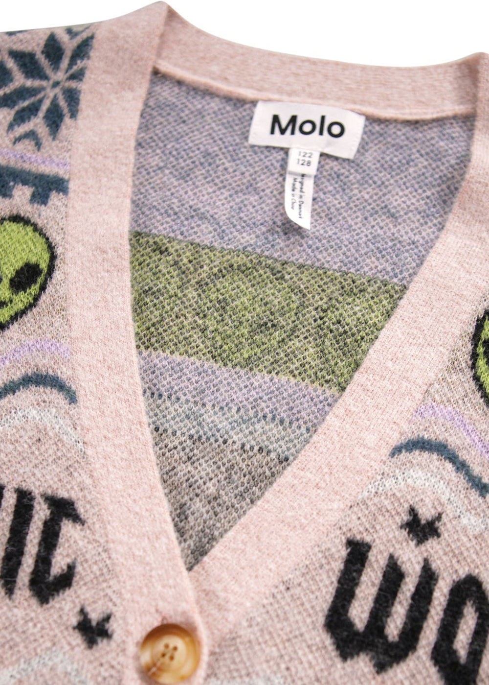 Cardigan with alien designs and 'Molo' brand label
