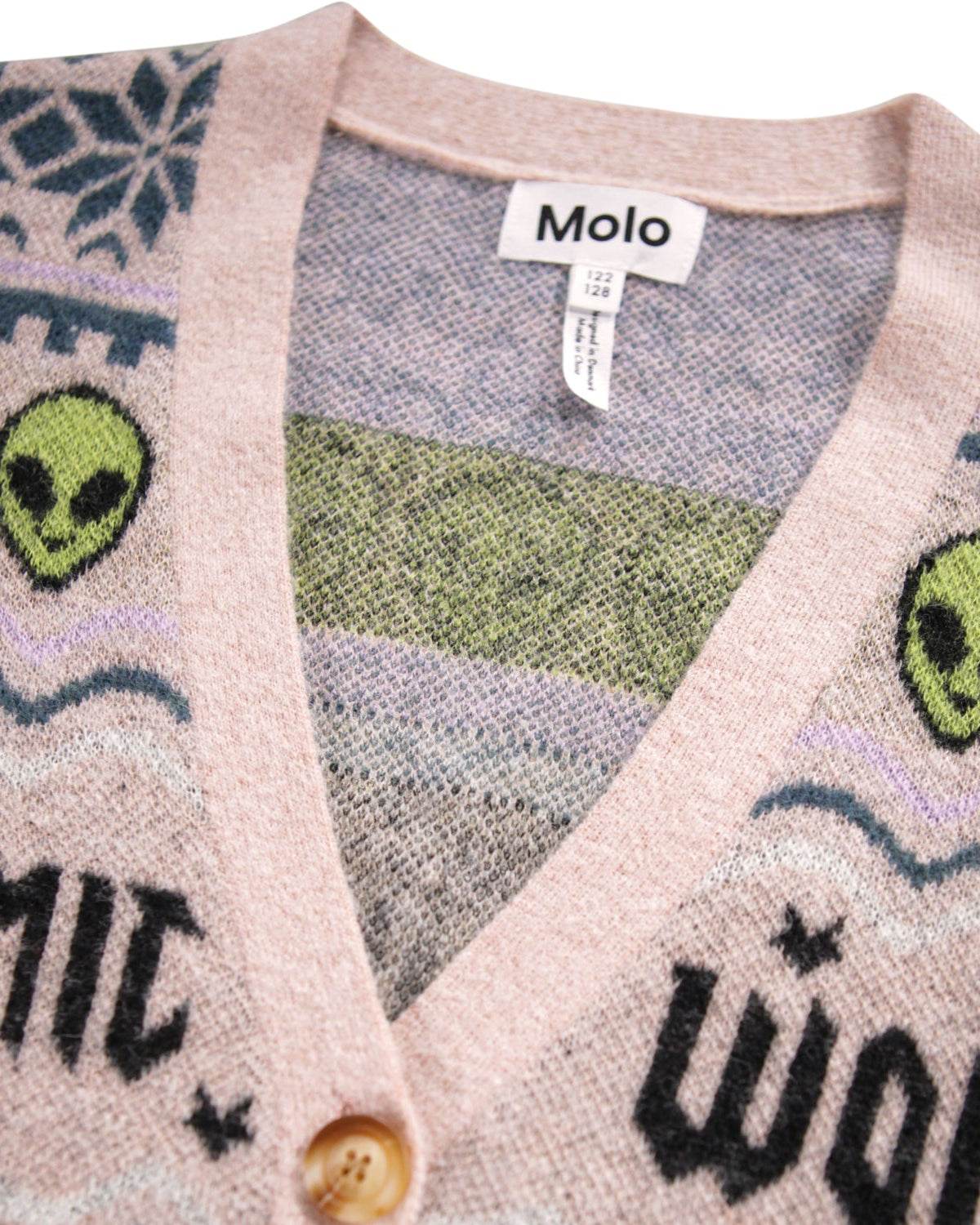 Cardigan with alien designs and 'Molo' brand label