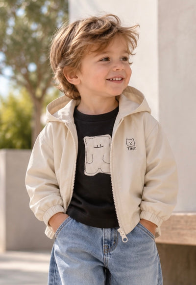 Boys’ Lightweight Zip-Up Hooded Windbreaker – Cream