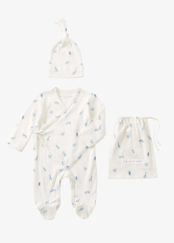 Blue Safari Print Organic Cotton Pointelle Layette 2 Pc Gift Set
