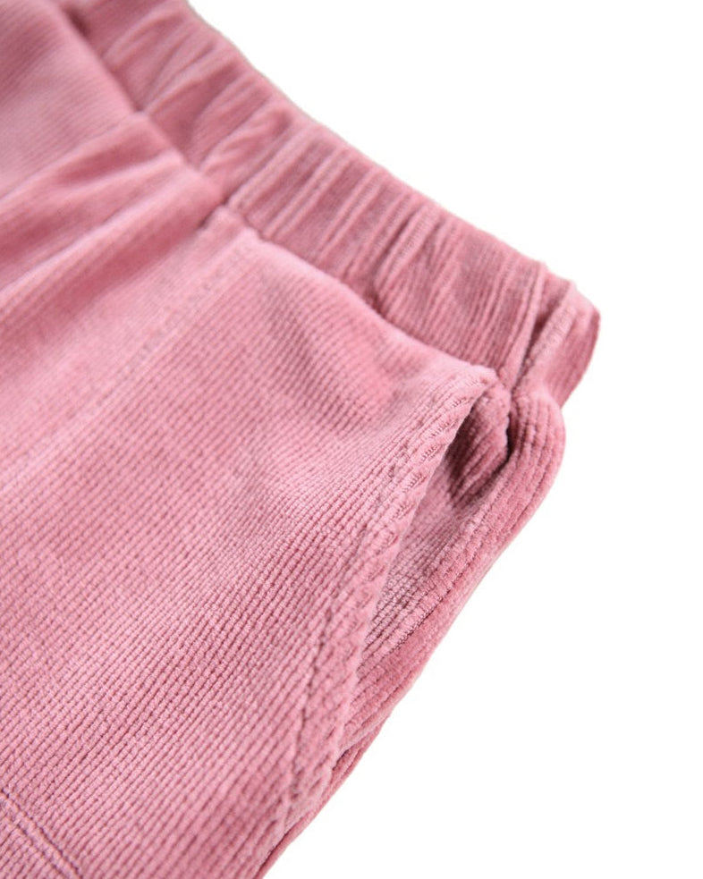 Close-up of pink corduroy pants on a white background