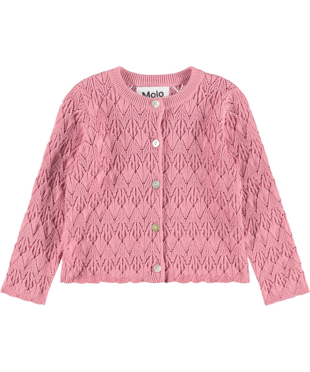 Pink knitted cardigan with button details on a white background