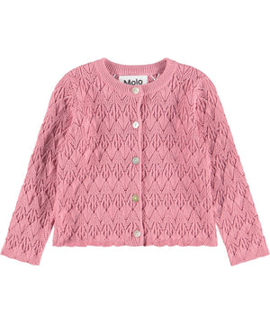 Pink knitted cardigan with button details on a white background