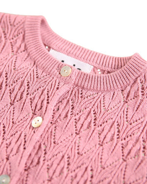 Close-up of a pink knitted cardigan with button details on a white background
