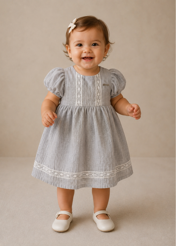 Lace Trim Linen Blend Baby Dress