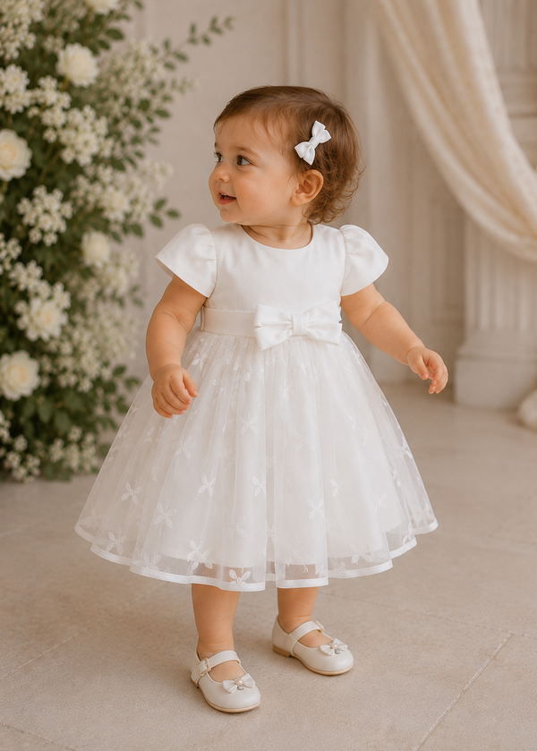 Girls White Bow Tulle Dress