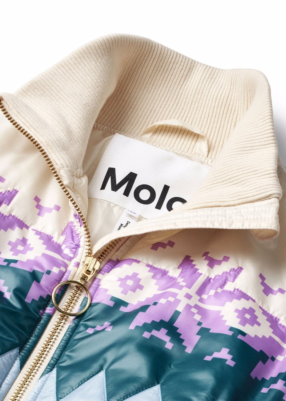 Close-up of a jacket with a visible brand logo on a white background