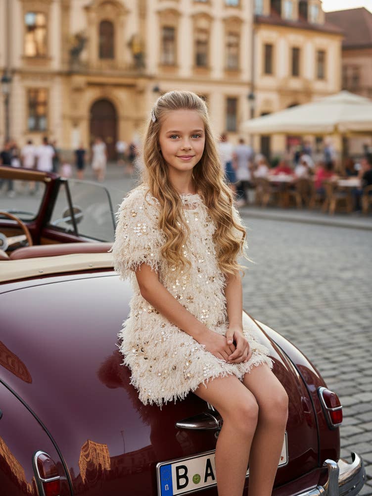 Young girl in a white dress sitting on a vintage car in an urban setting