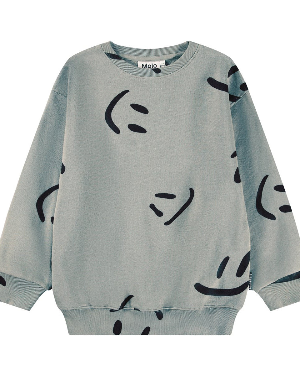 Gray sweatshirt with black smiley face patterns on a white background
