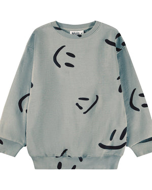 Gray sweatshirt with black smiley face patterns on a white background