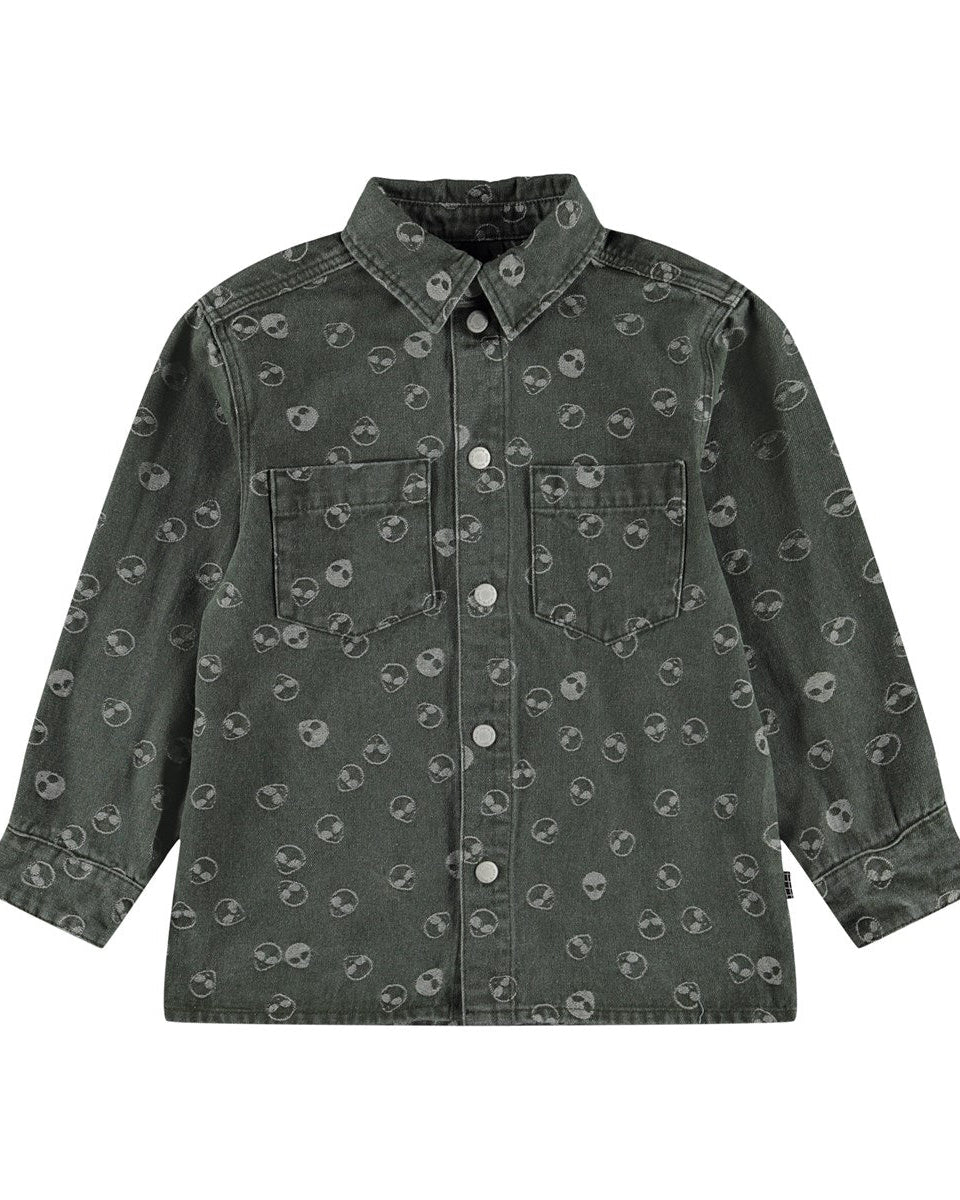 Dark green denim shirt with small patterns on a white background