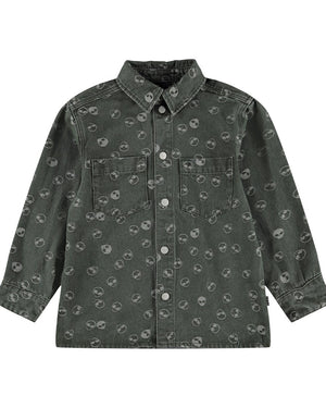 Dark green denim shirt with small patterns on a white background