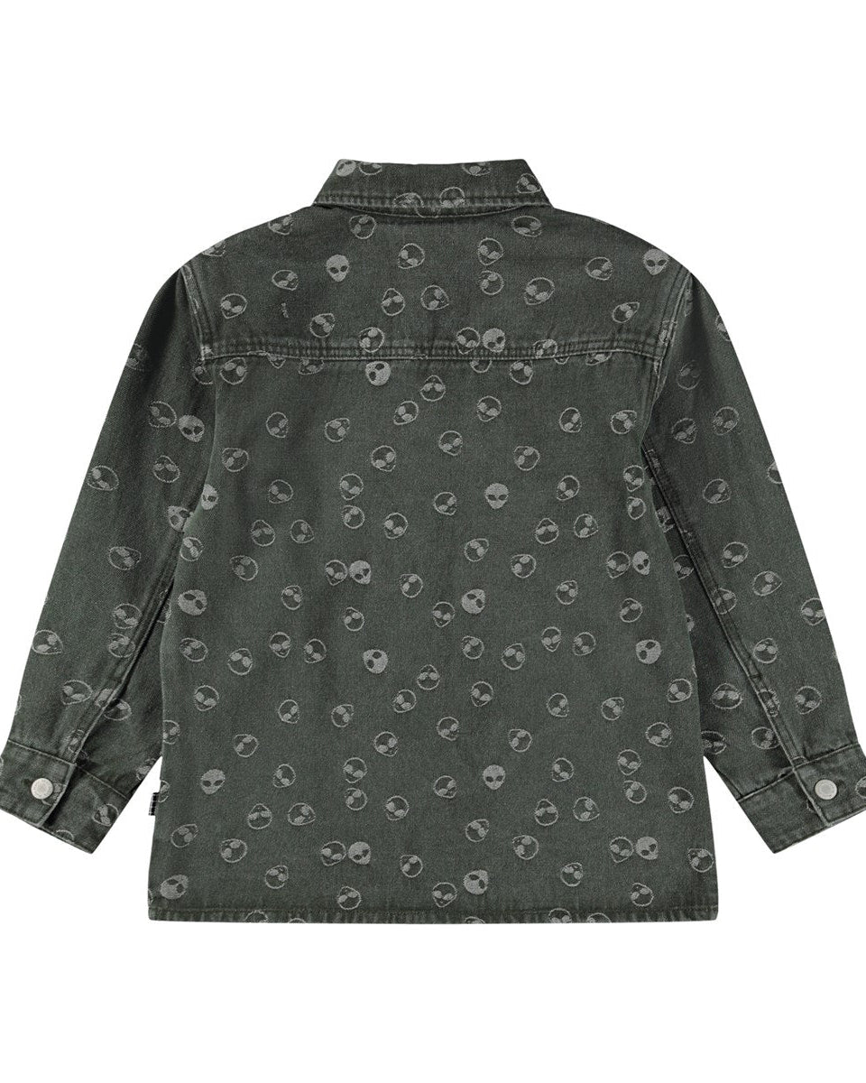 Dark denim shirt with skull pattern on a white background