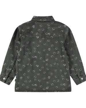 Dark denim shirt with skull pattern on a white background