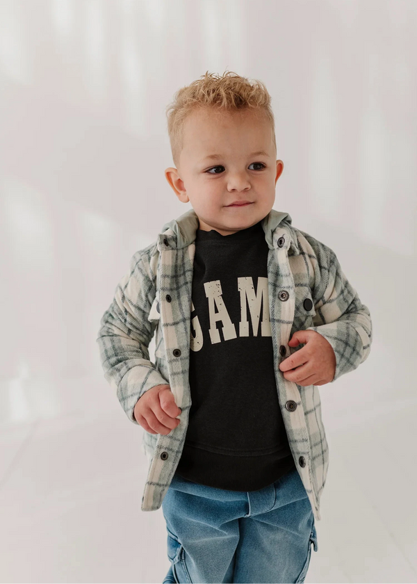 Kids Hooded Shacket in Mint Plaid