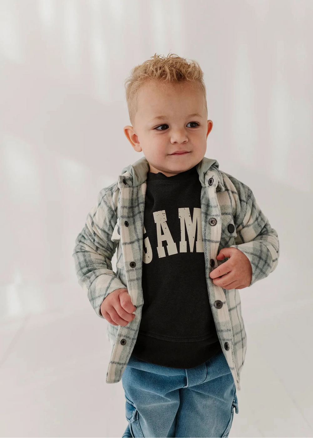 Kids Hooded Shacket in Mint Plaid