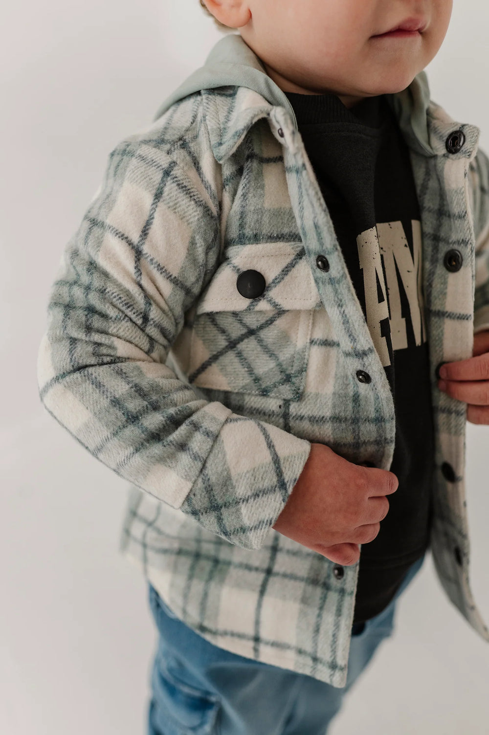 Kids Hooded Shacket in Mint Plaid