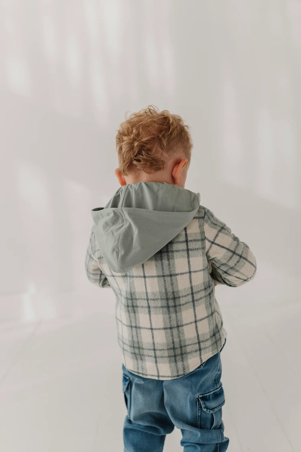 Kids Hooded Shacket in Mint Plaid