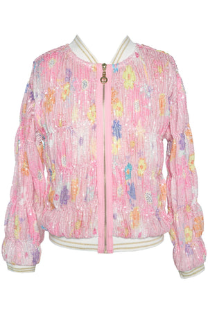 SMOCKED FLORAL PRINTED SEQUIN BOMBER JACKET