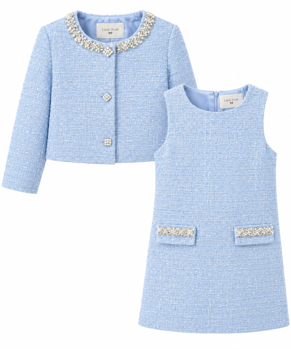 Baby Blue Tweed Jacket & Dress Set