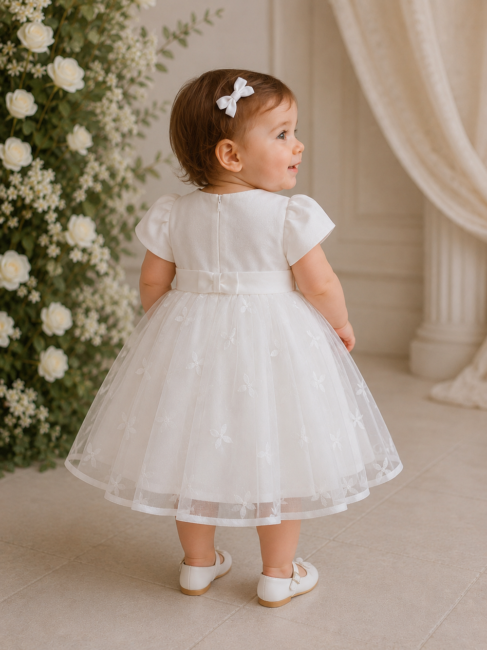 Girls White Bow Tulle Dress