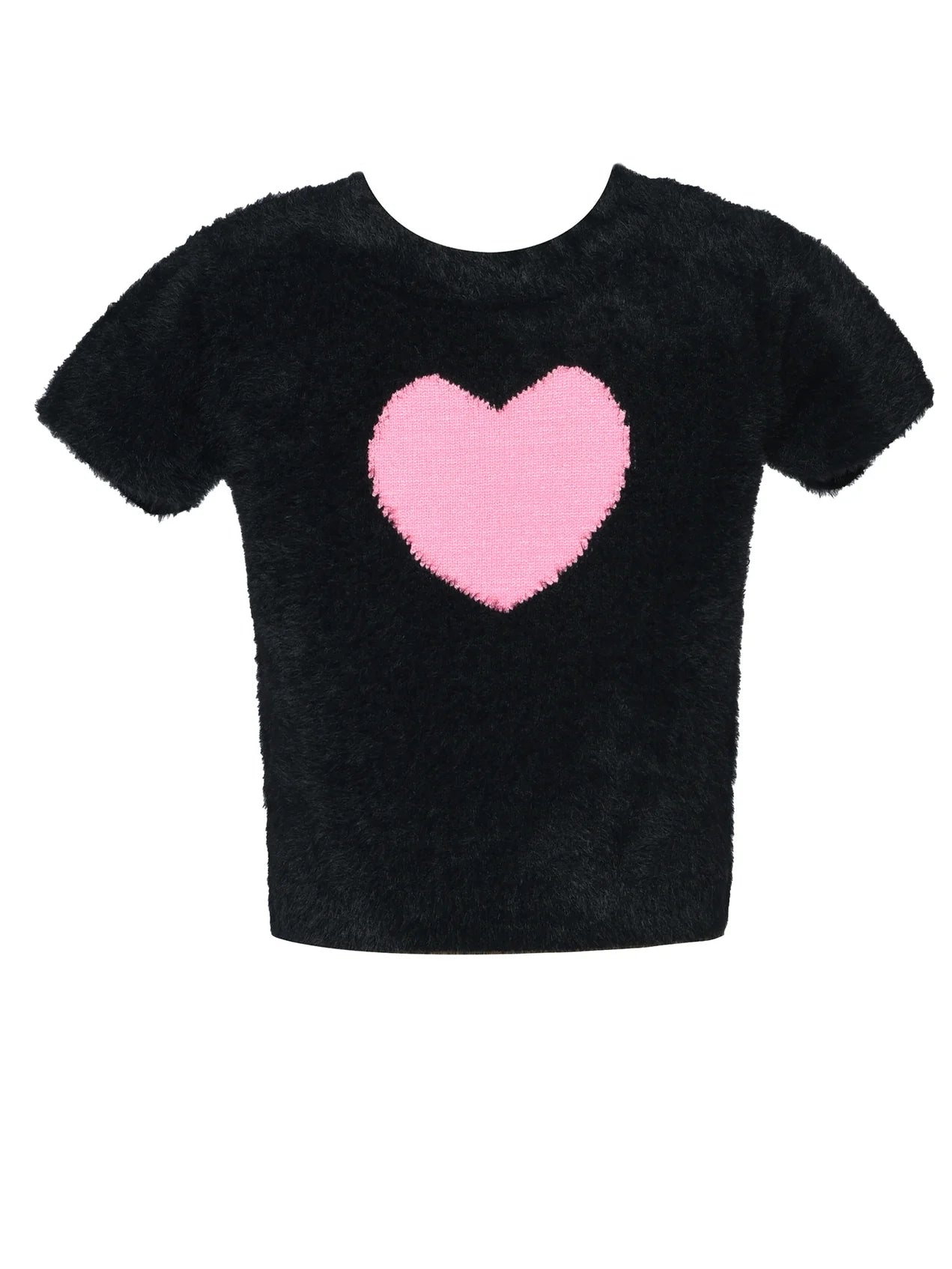 Black t-shirt with a pink heart on a white background