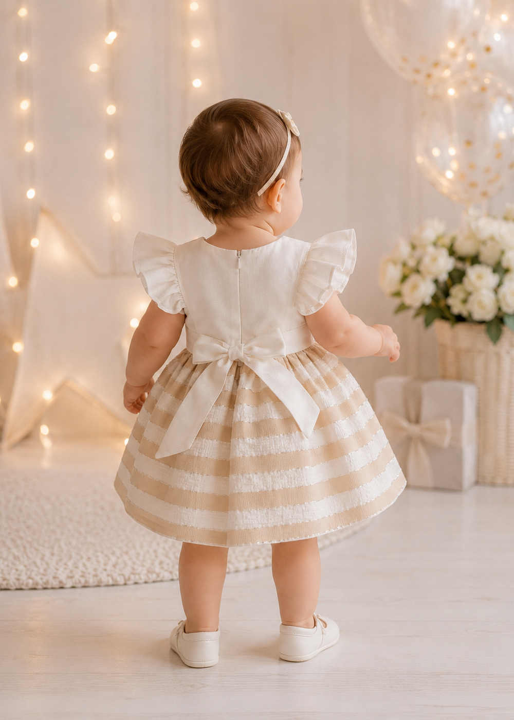 Baby in a checkered dress standing in a softly lit room with string lights and flowers.