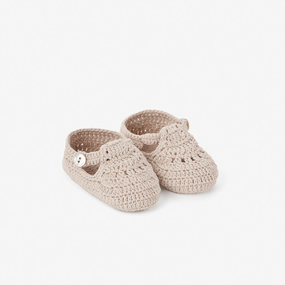 TAUPE T-STRAP HAND CROCHETED BABY BOOTIES