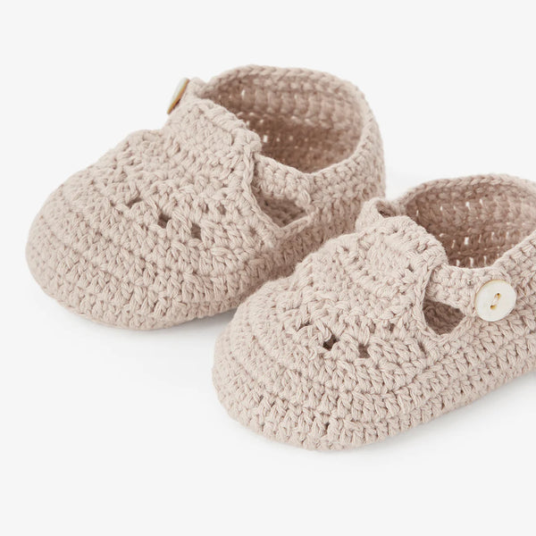 TAUPE T-STRAP HAND CROCHETED BABY BOOTIES