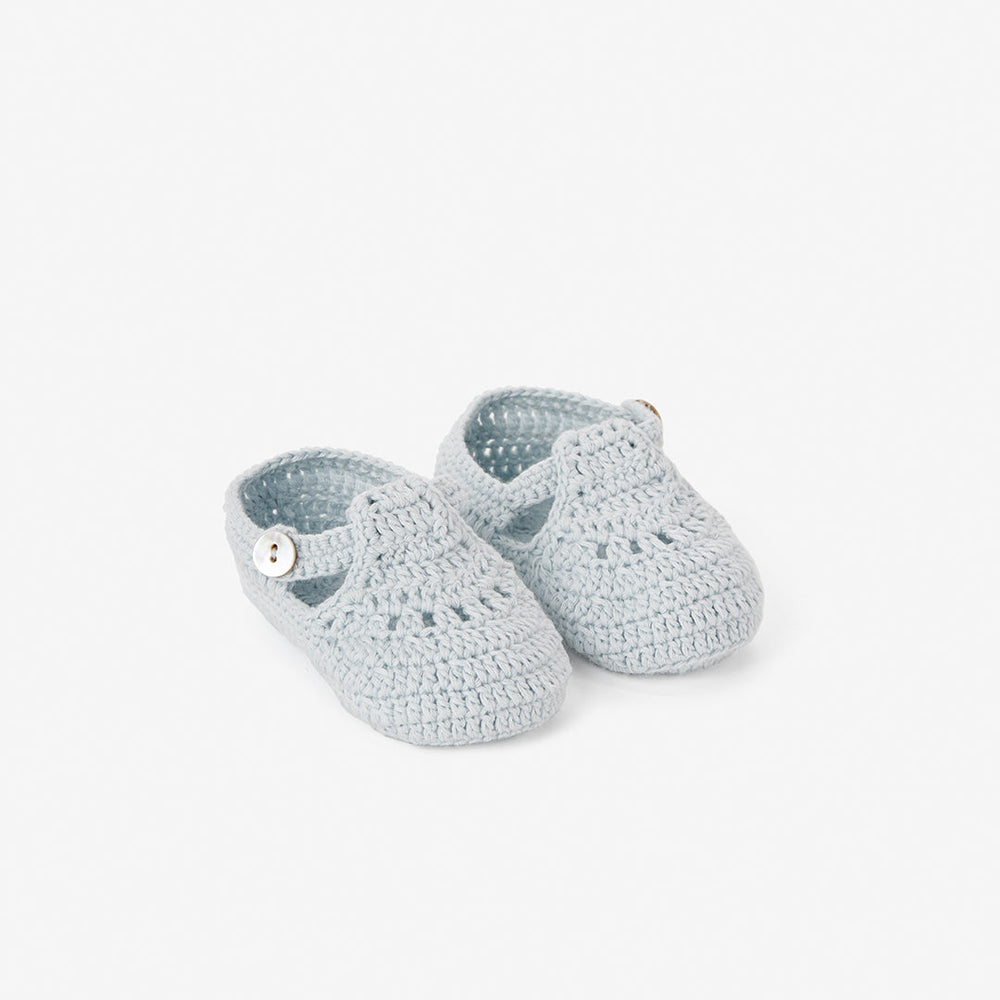PALE BLUE T-STRAP HAND CROCHETED BABY BOOTIES