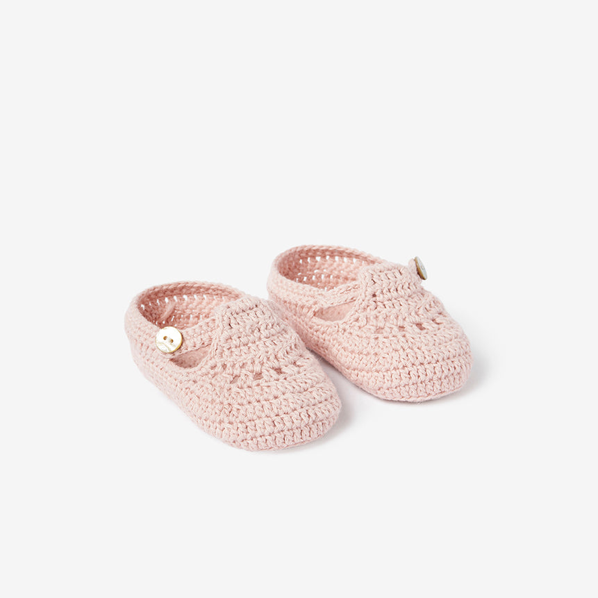 BLUSH T-STRAP HAND CROCHETED BABY BOOTIES