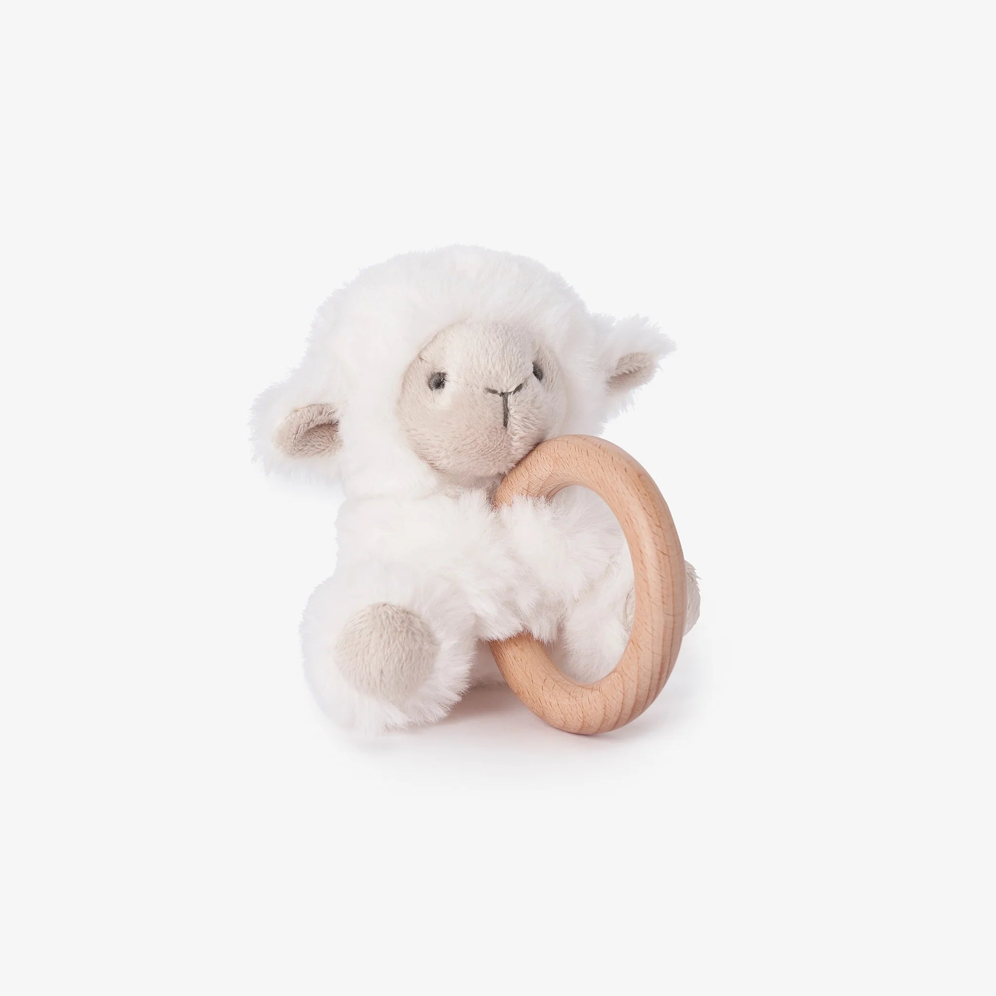 Plush Lamb Wooden Ring Rattle.