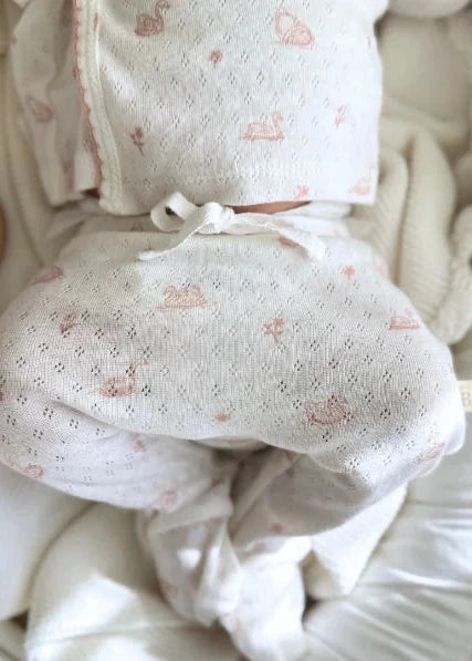 PINK SWAN PRINT ORGANIC COTTON POINTELLE LAYETTE 3 pc gift set