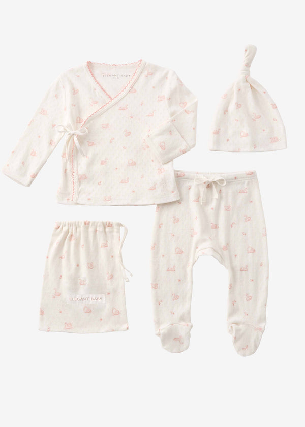 PINK SWAN PRINT ORGANIC COTTON POINTELLE LAYETTE 3 pc gift set