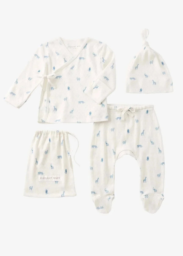 Blue Safari Print Organic Cotton Pointelle Layette 3 Pc Gift Set