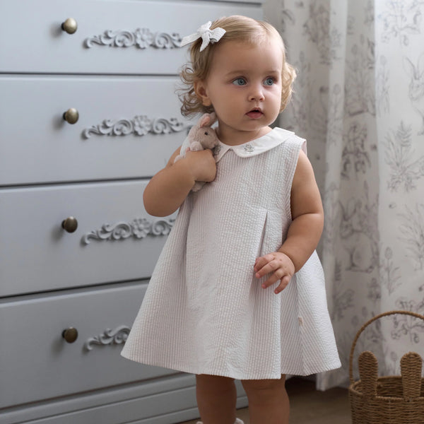 Blue Seersucker Embroidered Bunny Dress