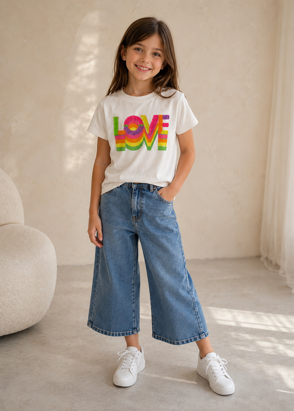 Young girl wearing a white t-shirt with colorful 'LOVE' graphic, blue jeans, and white sneakers in a minimalistic room.