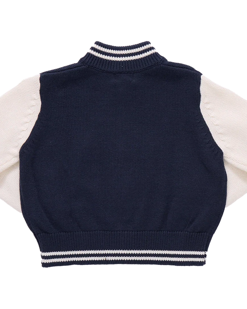 Navy blue sweater vest with white sleeves on a white background