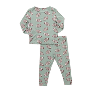 Pink Chicken Kids Bamboo PJ set Green Flying Footballs