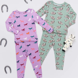 Pink Chicken Kids Bamboo PJ set Lavender Multi Horses