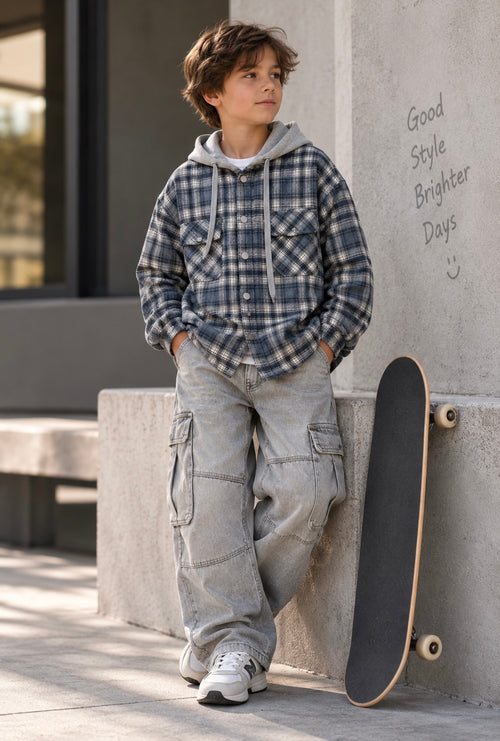Plaid Hoodie Shirt Blue