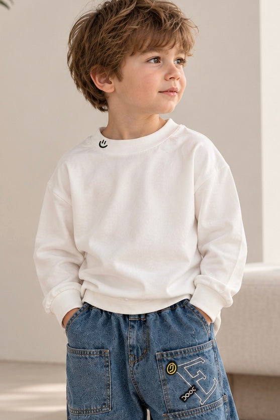 Boys’ Soft White Long-Sleeve T-Shirt with Smiley Detail